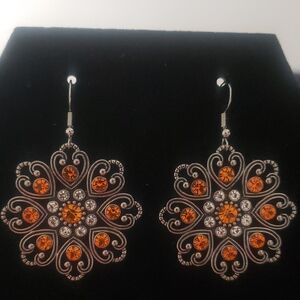 Ornate Silver and Orange Crystal Earrings
